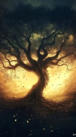 Luminescent arboreal vortex framed by nocturnal skyfield.