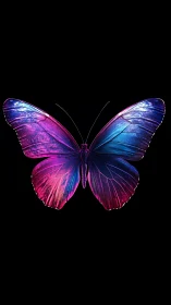 Luminous neon butterfly glowing softly on deep black sky.