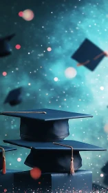 Joyful graduation caps rise against a dreamy blue sky