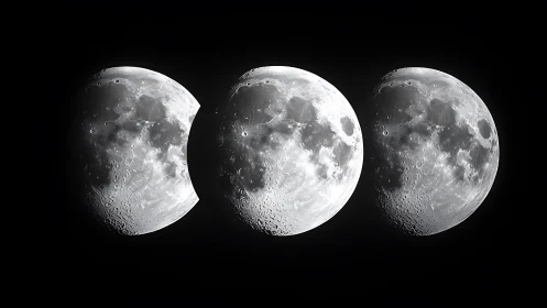 Three lunar phases align in stark monochrome silence