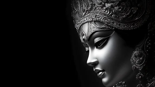Monochrome digital goddess profile with ornate relief detailing.