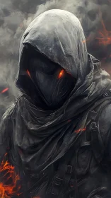 Hooded wraith warrior amid embers and swirling smoke.
