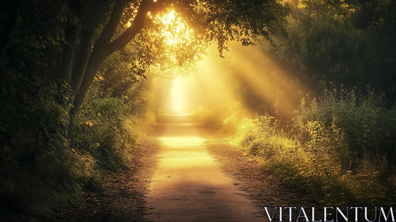 Sunlit Forest Path with Glowing Morning Light, Tranquil Nature Scene.