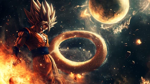 Saiyan warrior ignites cosmic battlefield with serpent ring.