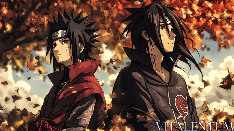 Two anime ninjas stand among detailed autumn foliage