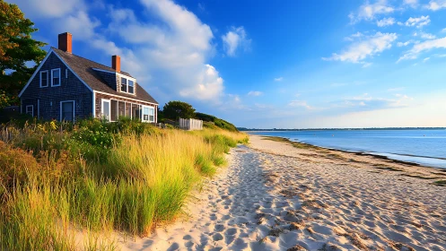 Coastal Blue Cottage on Sandy Beach with Golden Dunes.