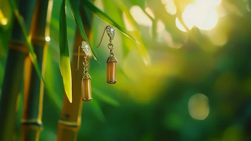 Sunlit bamboo holds delicate golden earrings in soft focus