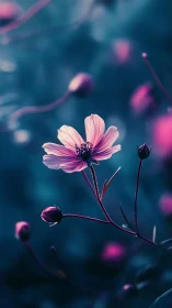 Pink Cosmos Flower in Selective Focus Against Blurred Teal Background.