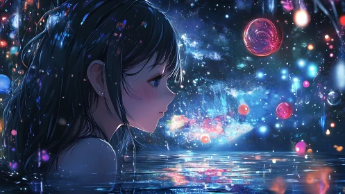 Girl in reflective water under luminous cosmic night sky.