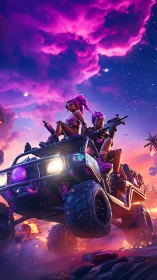 Neon-haired heroes ride boldly through a glowing cosmic storm