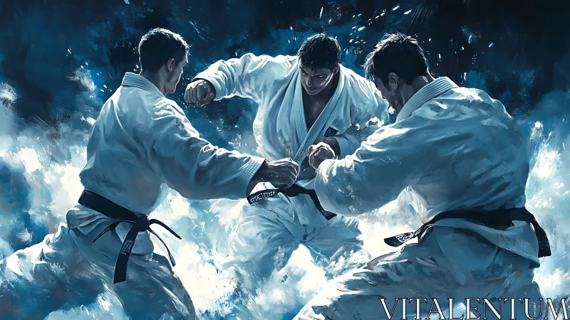 Triadic martial clash amid swirling blue energy storm.