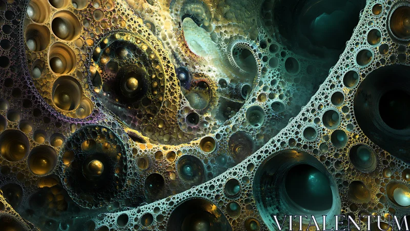 Fractal bubble caverns with iridescent teal and gold light.