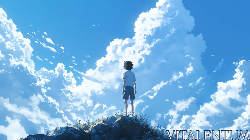 Solitary boy studies towering cumulus clouds in luminous sky