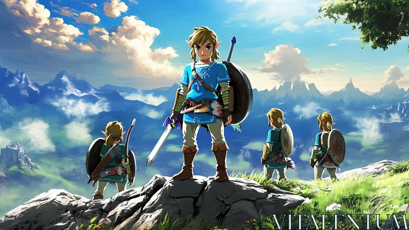 Heroic adventurer surveying a sunlit fantasy kingdom.