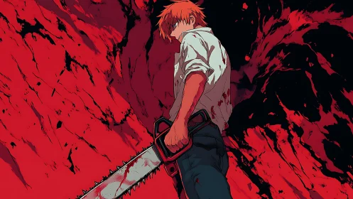 Brooding hero with chainsaw against swirling red chaos.