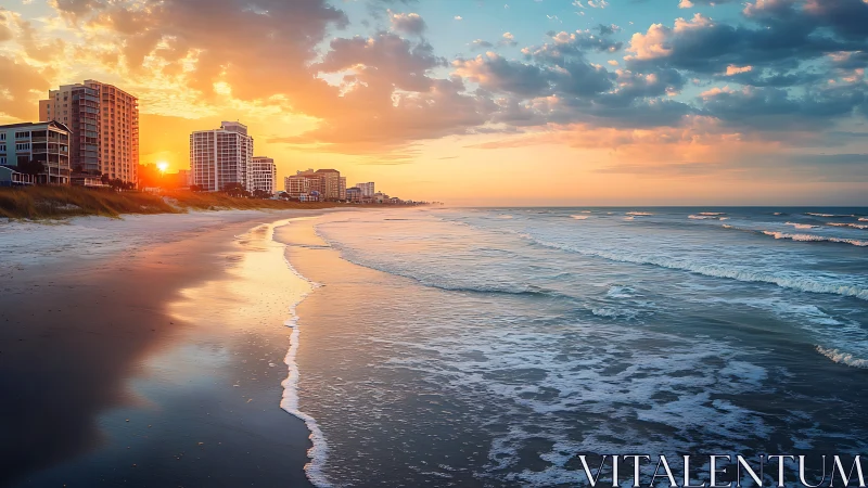 Sunlit shoreline cityscape where waves steal the spotlight.