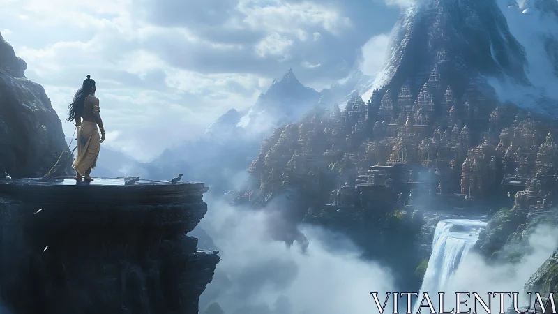 Warrior overlooking misty mountain city and high waterfall.