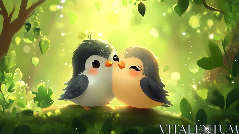 Two Cute Cartoon Birds Cuddling in a Lush Green Forest Scene.