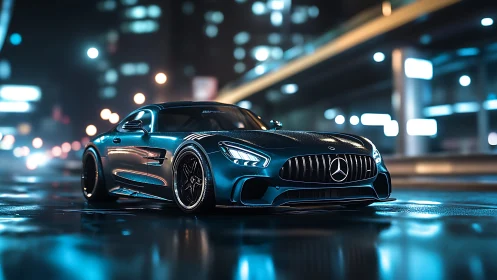 Low-angle render of metallic blue sports coupe on neon city street