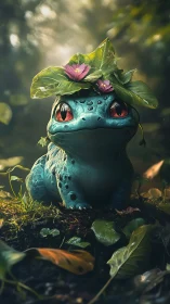 Small blue creature sits on forest floor under leaf crown