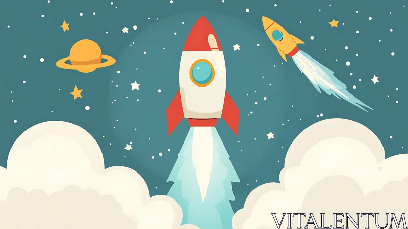Stylized cartoon rockets ascend through star-filled night sky
