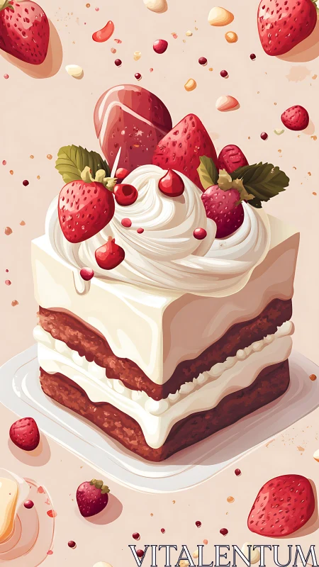 Layered cream cake with fresh strawberries and glossy icing.