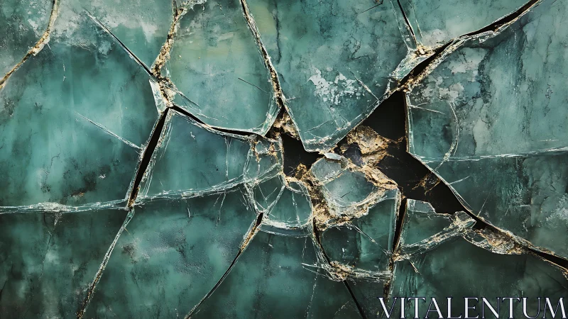 Cracked Green Glass Close-Up with Textured Abstract Patterns.