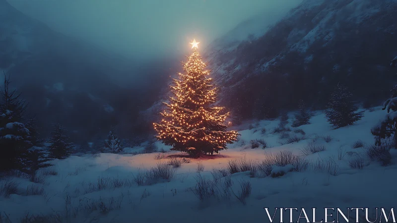 Starlit Christmas tree glowing softly in a quiet snowy valley.