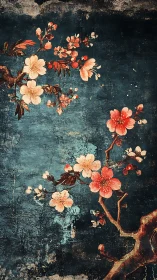 Weathered cherry blossoms glow softly against teal patina