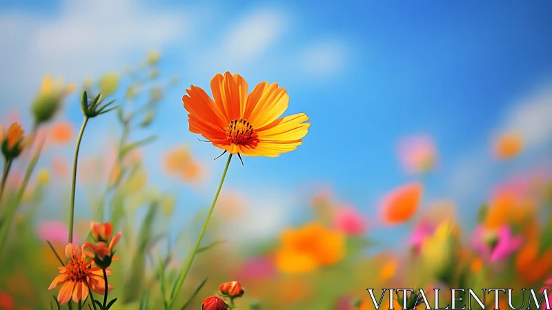 Cosmos flowers in full bloom with vibrant orange and yellow petals.