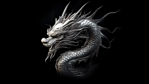 Silver-scaled dragon coils in dramatic monochrome light.