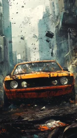 Rust-orange muscle car storms through shattered city streets.