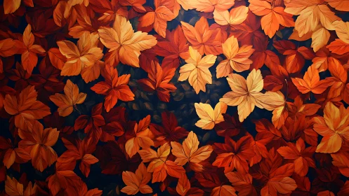 Dense pattern of layered orange autumn leaves on dark ground.