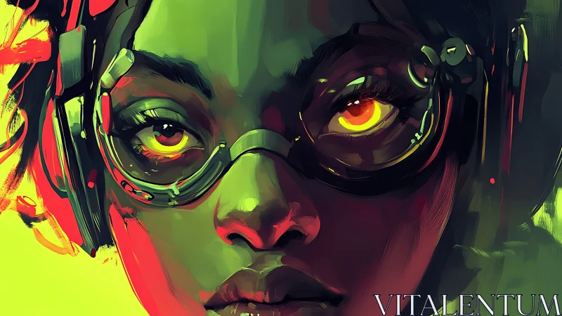 Portrait of cybernetic subject with goggles and vivid hues.