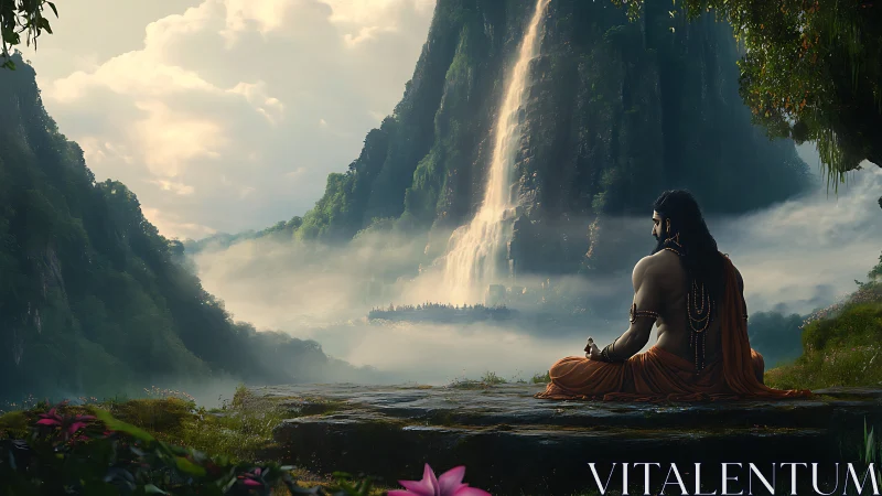 Mountain sage in saffron robes greeting a waterfall dreamscape.