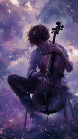 Young cellist seated in moody purple abstract light.