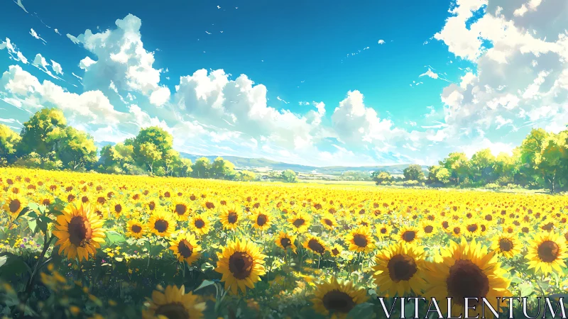 Panoramic digital vista of sunlit sunflower agriscape field.