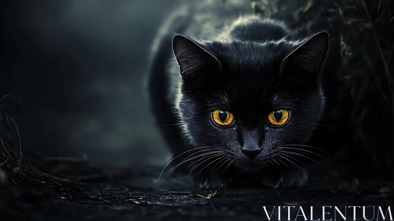 Black cat with amber eyes positioned in low crouch pose.