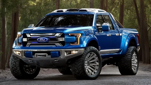 Bold blue off road truck shining under a forest canopy.