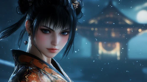 Midnight snow empress watching over lanternlit temple dreams.