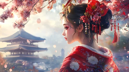 Blossom-draped geisha dreams beside a misty temple dawn.