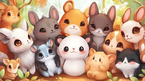 Adorable woodland critters gather in a glowing forest scene.