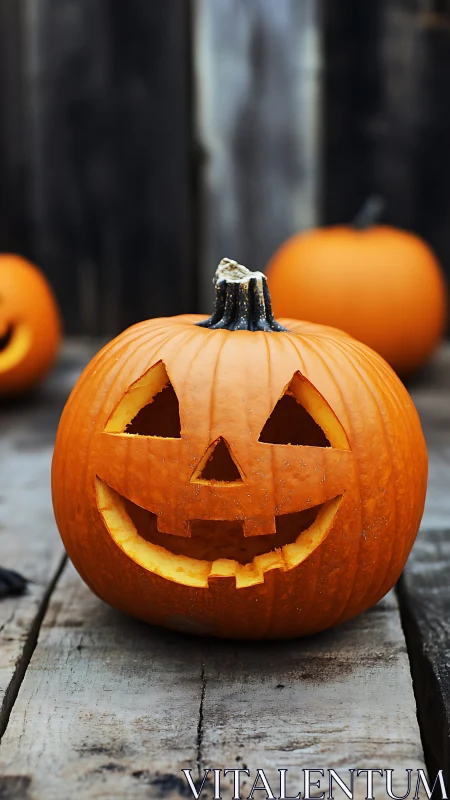 Photographic jack-o’-lantern portrait on rustic wood deck.