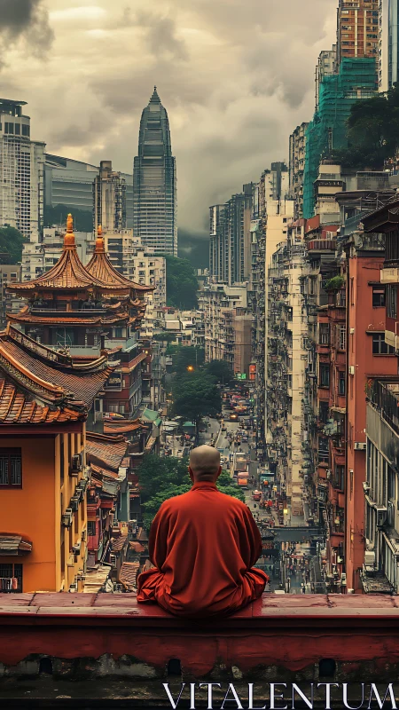 Monk in red robes contemplates a misty, crowded metropolis.