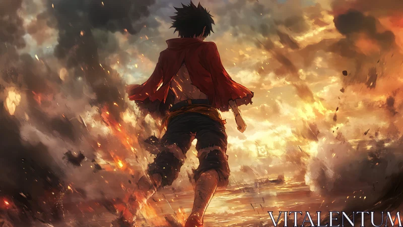 Fiery lone warrior strides through explosive storm horizon.