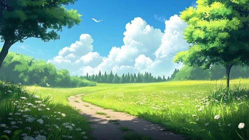 Sunny meadow path with trees under bright blue sky.