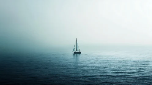 Solitary sailboat drifting through whispering blue hush.