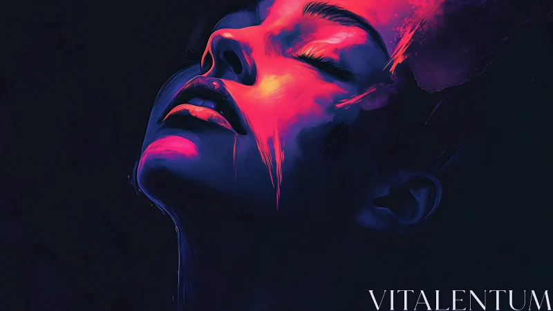 Digital portrait shows upward-angled face in neon lighting