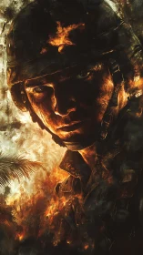 Incandescent combatant portrait in infernal brush-textured blaze.