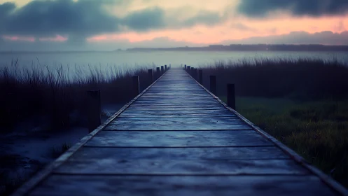 Weathered wooden pier recedes into misty coastal marsh